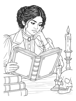 A Victorian scholar studying near candles on this dark coloring page.