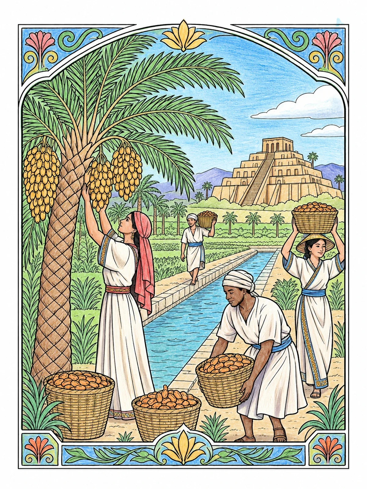 Colored example of the Date Palm Harvest By The Ziggurat coloring page