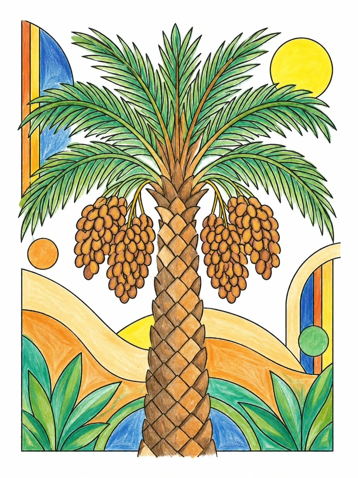 Colored example of the Date Palm Tree With Fruit Clusters coloring page
