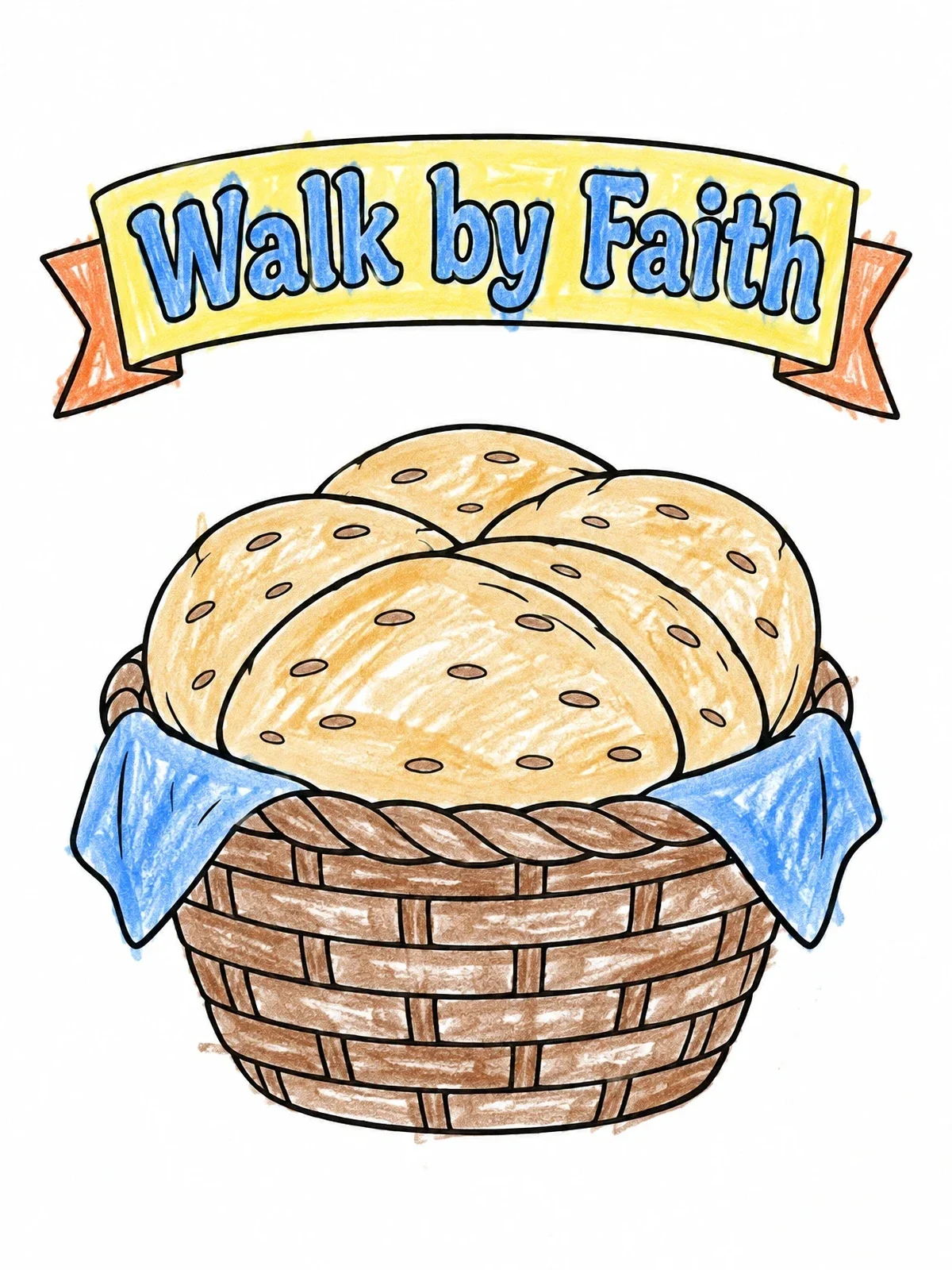 Colored example of the Basket Of Bread With Faith Banner coloring page