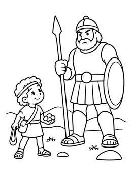 A brave young David with his sling faces giant Goliath in this bible coloring page.