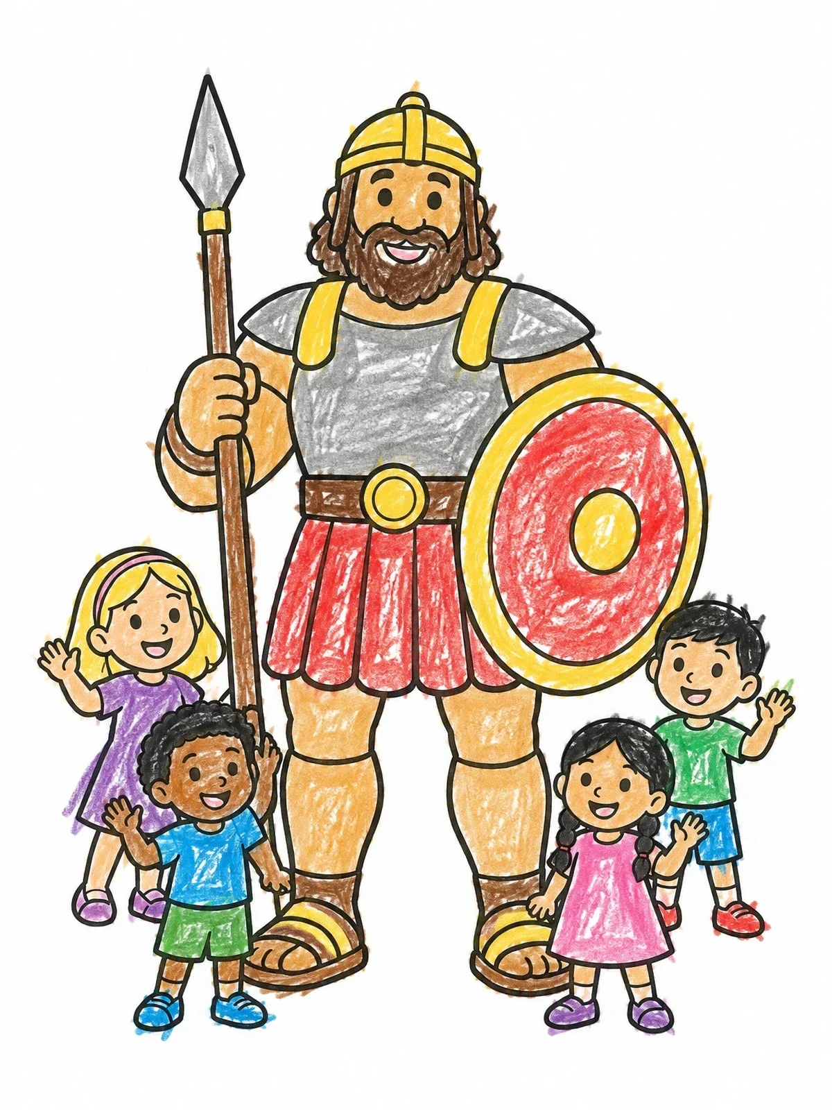 Colored example of the Friendly Goliath With Cheerful Children coloring page