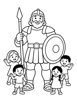 Free printable Friendly Goliath With Cheerful Children coloring page