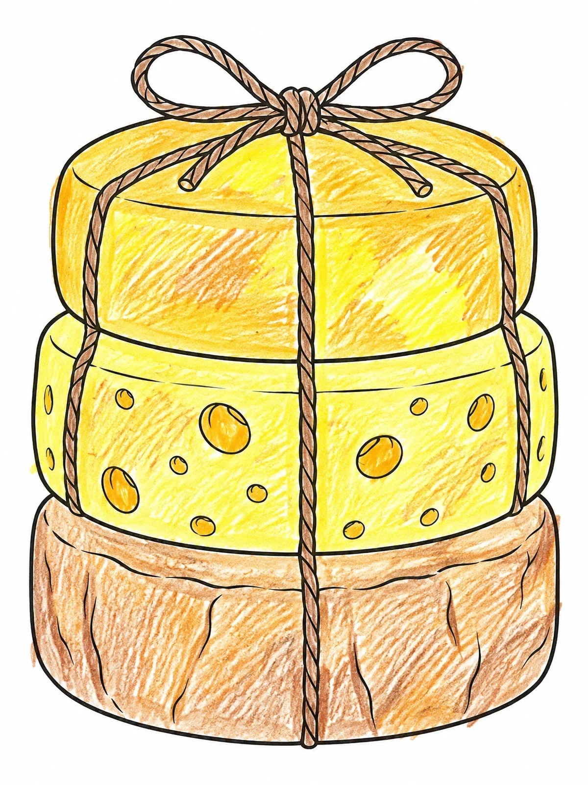 Colored example of the Stacked Cheese Wheels Tied With Rope coloring page