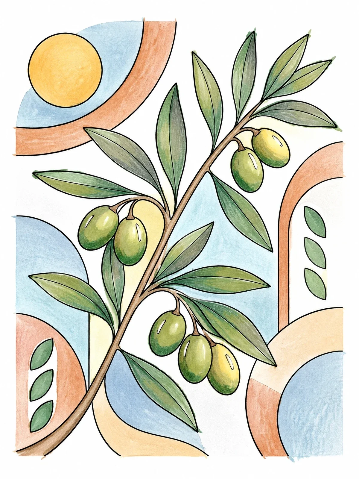 Colored example of the Stylized Olive Tree Branch coloring page