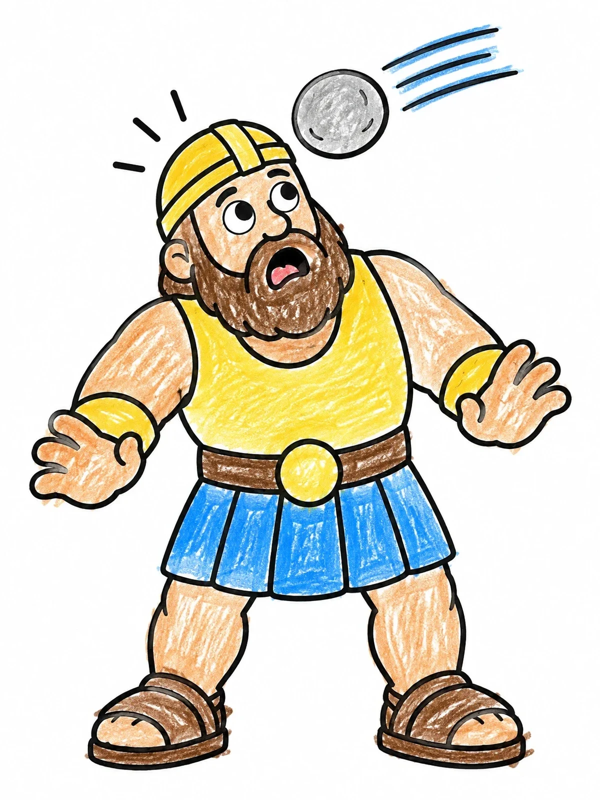 Colored example of the Surprised Goliath And The Flying Stone coloring page