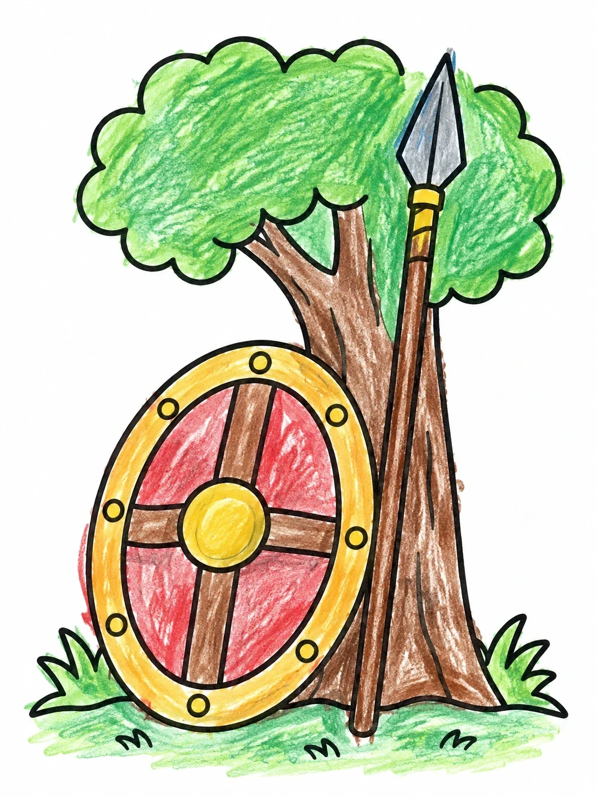 Colored example of the Warrior Shield And Spear By A Tree coloring page