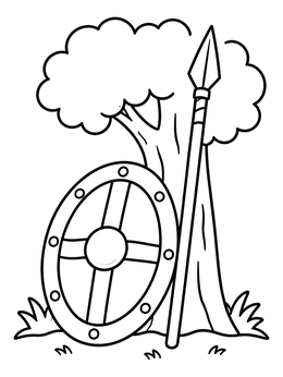 Free printable Warrior Shield And Spear By A Tree coloring page