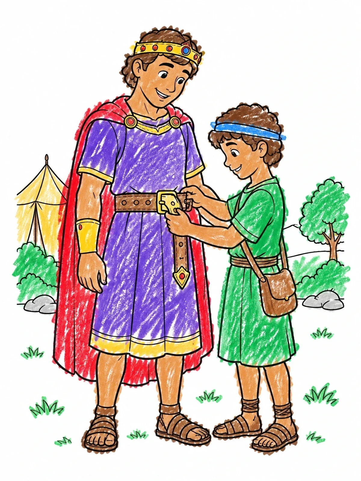Colored example of the David And Jonathan Belt Scene coloring page