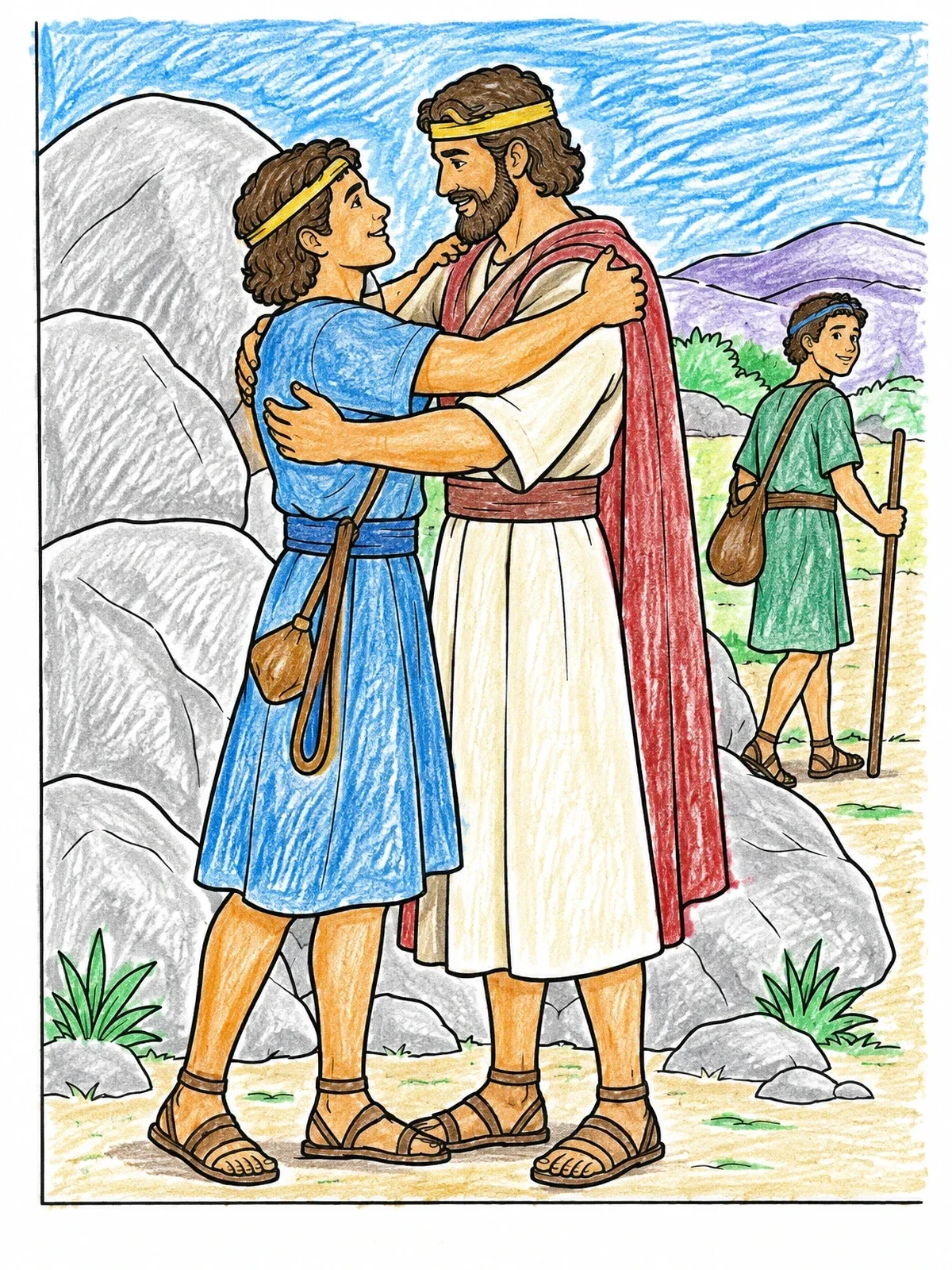 Colored example of the David And Jonathan Embracing In Fellowship coloring page