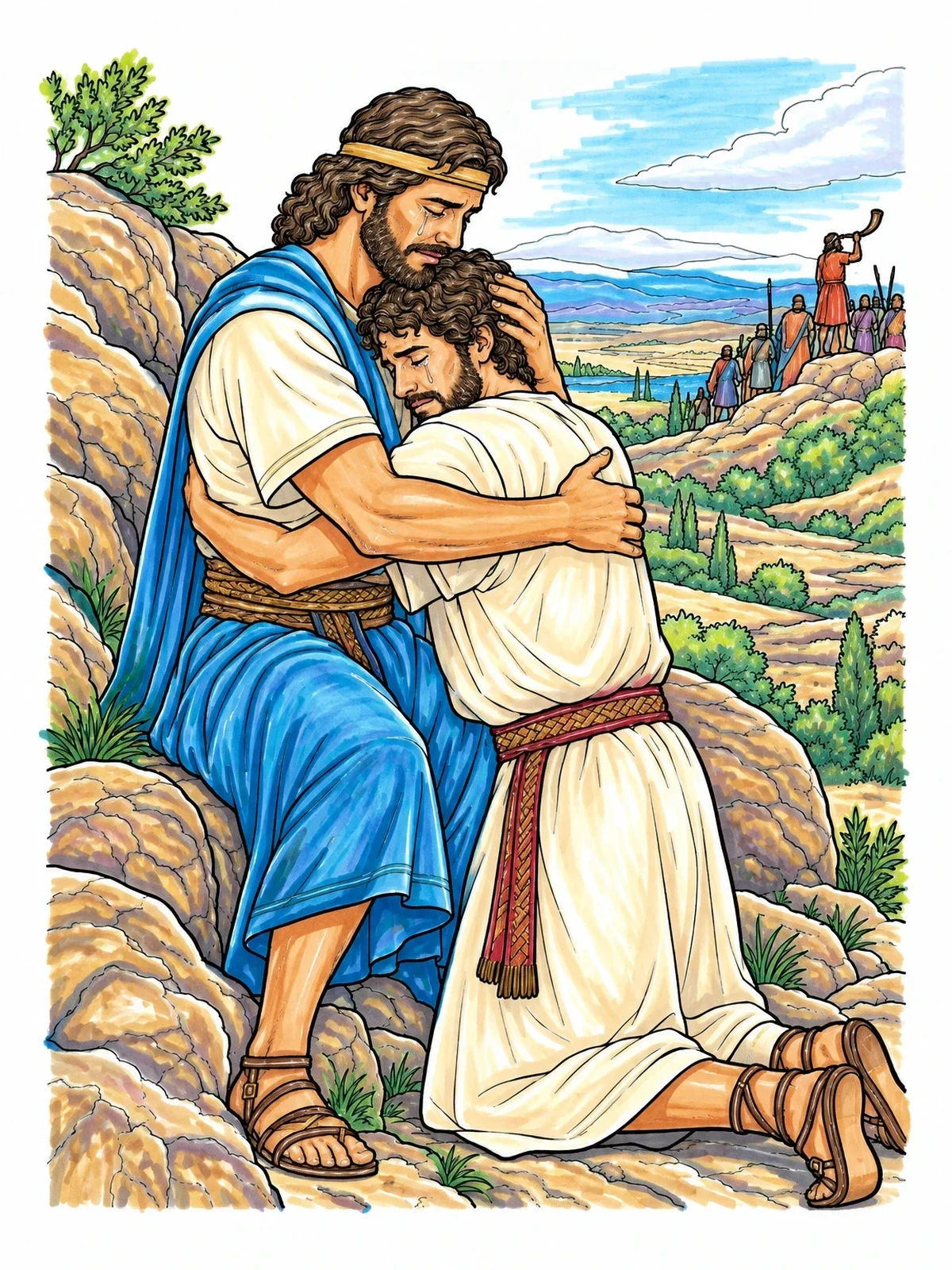 Colored example of the David And Jonathan Embracing In Tears coloring page