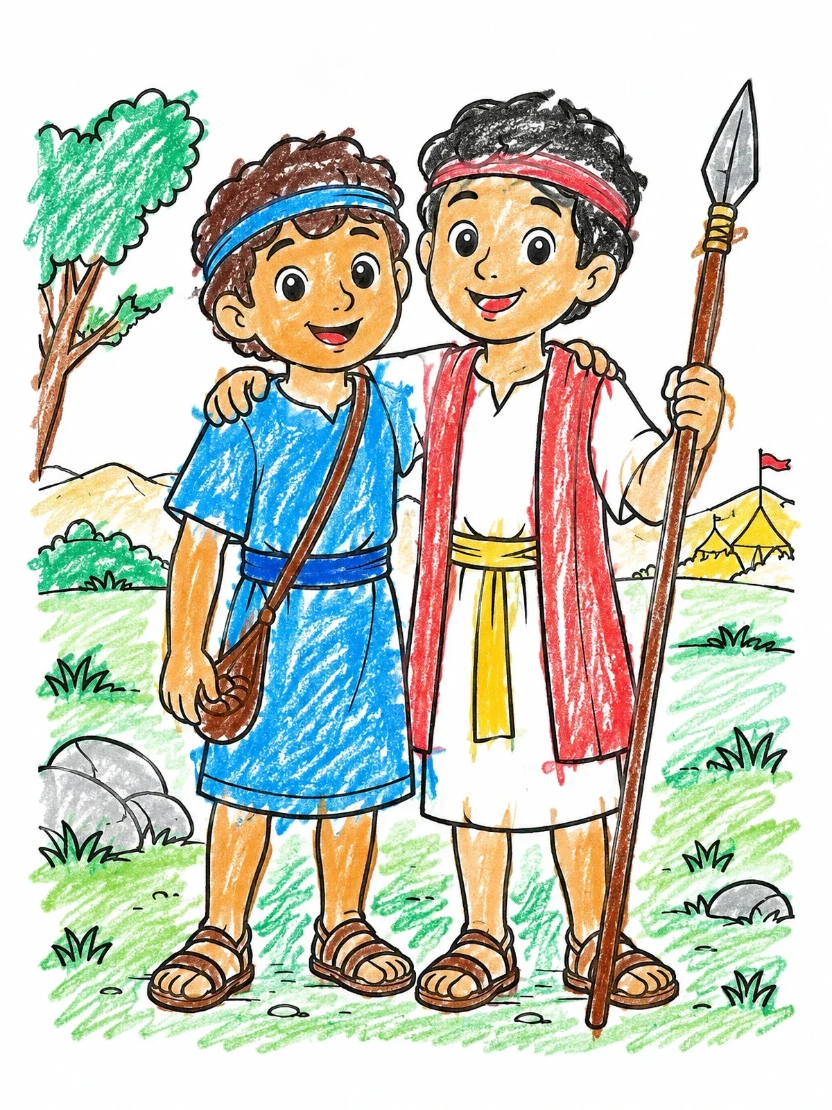 Colored example of the David And Jonathan Standing Together coloring page