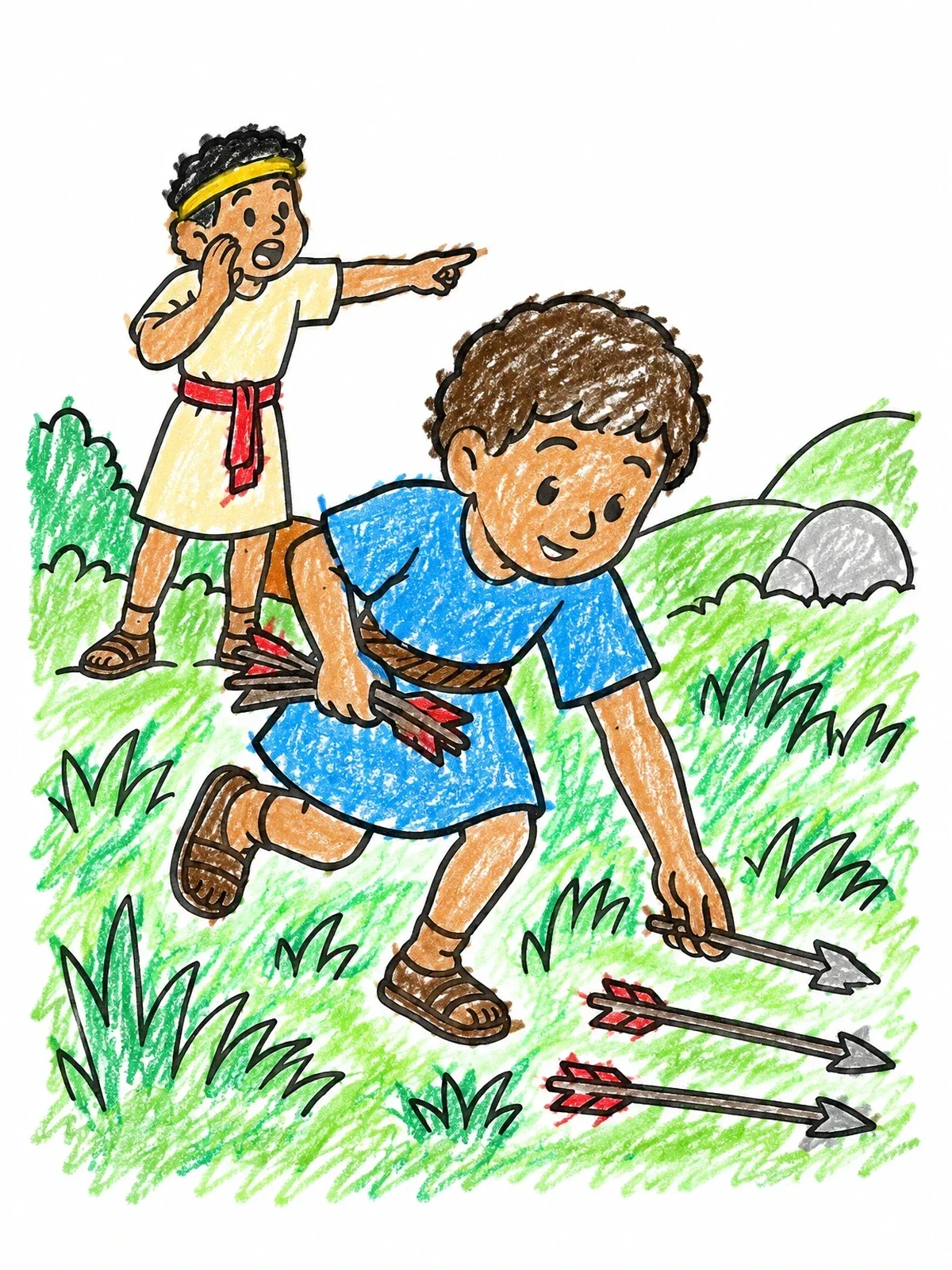 Colored example of the Boy Collecting Arrows For Jonathan coloring page