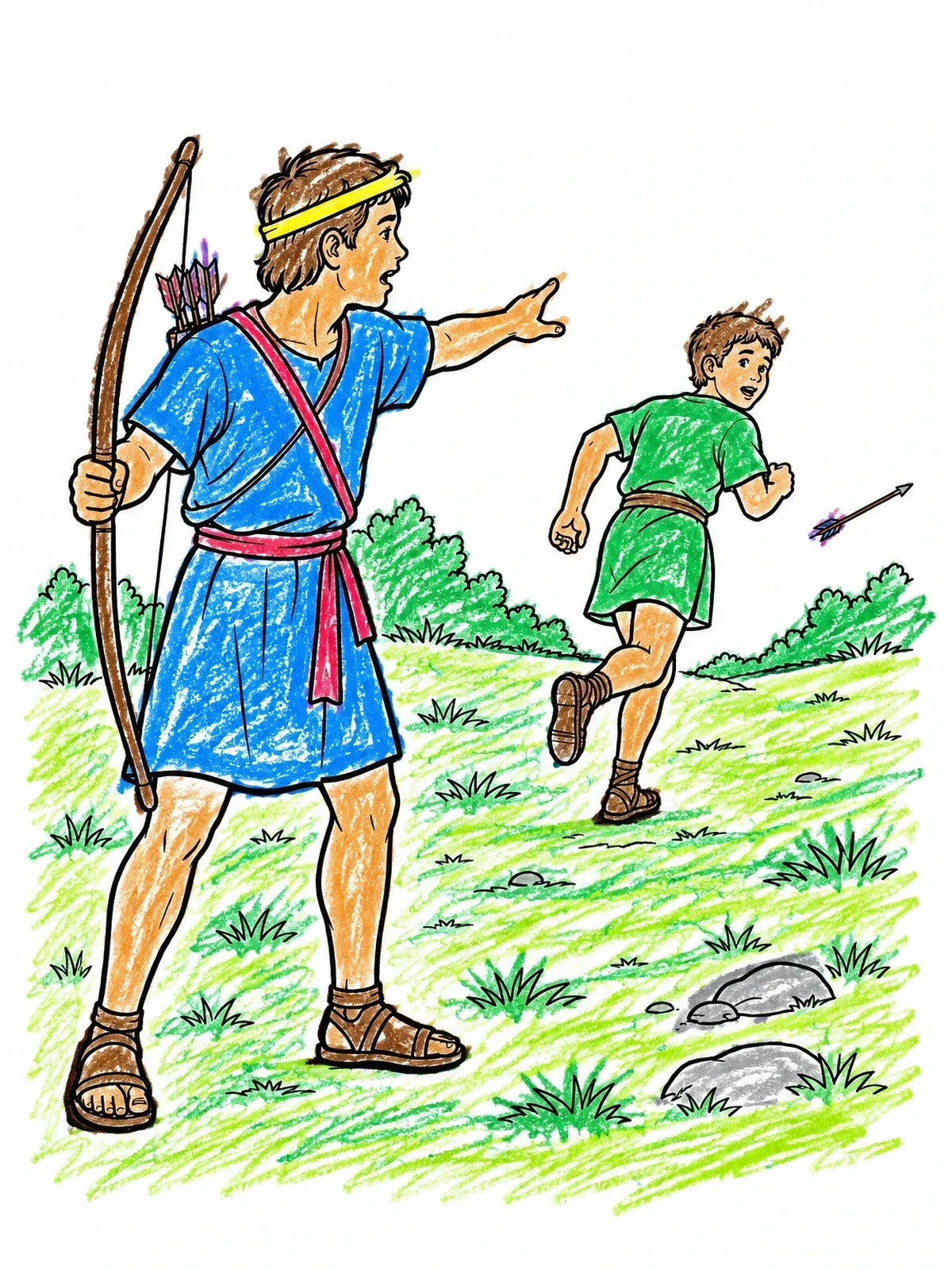 Colored example of the Jonathan Signaling With Bow And Arrow coloring page