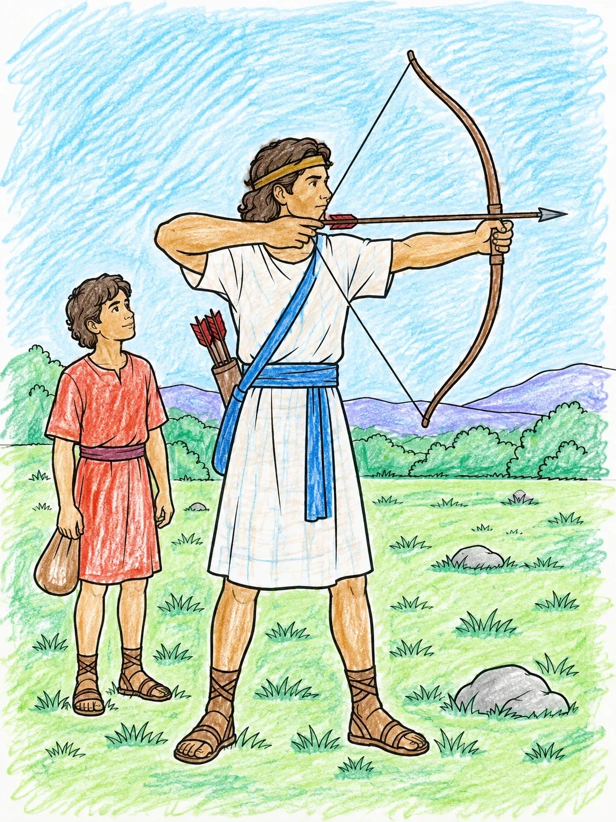 Colored example of the Jonathan Shooting Arrows In The Field coloring page
