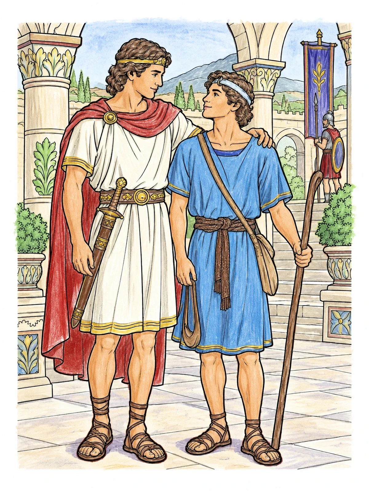 Colored example of the David And Jonathan At The Palace coloring page