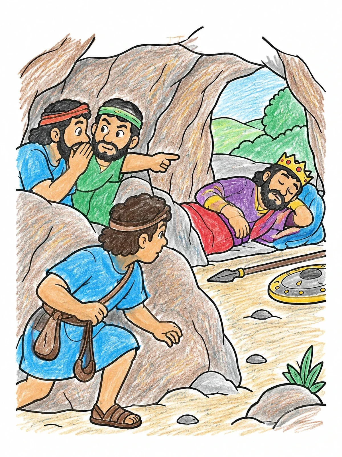 Colored example of the David Sneaking Up On Sleeping King Saul coloring page