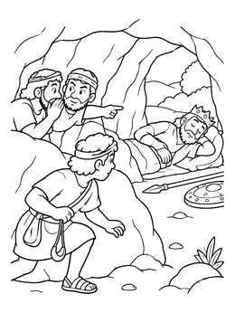 Free printable David Sneaking Up On Sleeping King Saul coloring page