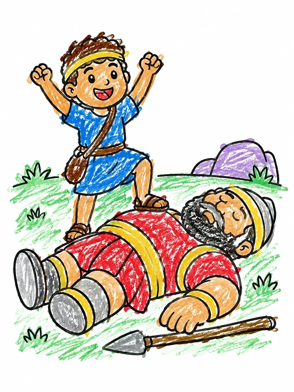 Colored example of the David Cheering Over Defeated Goliath coloring page