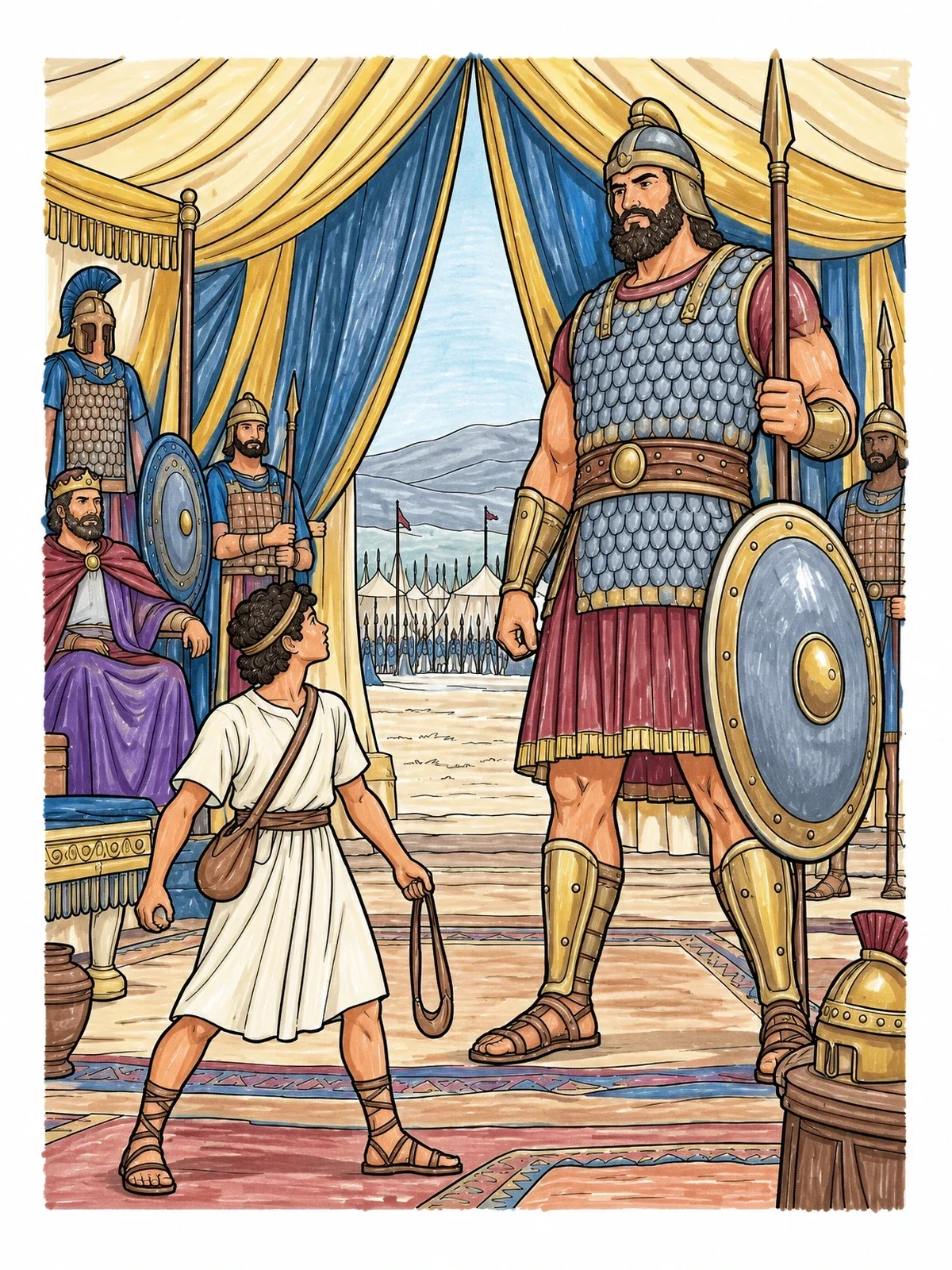 Colored example of the David Confronting Giant Goliath In Camp coloring page