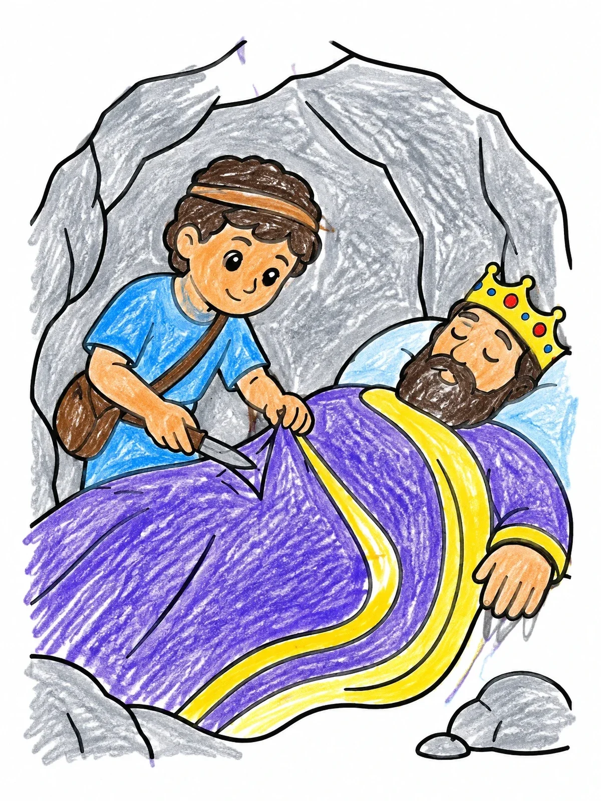 Colored example of the David Cutting King Saul's Robe coloring page