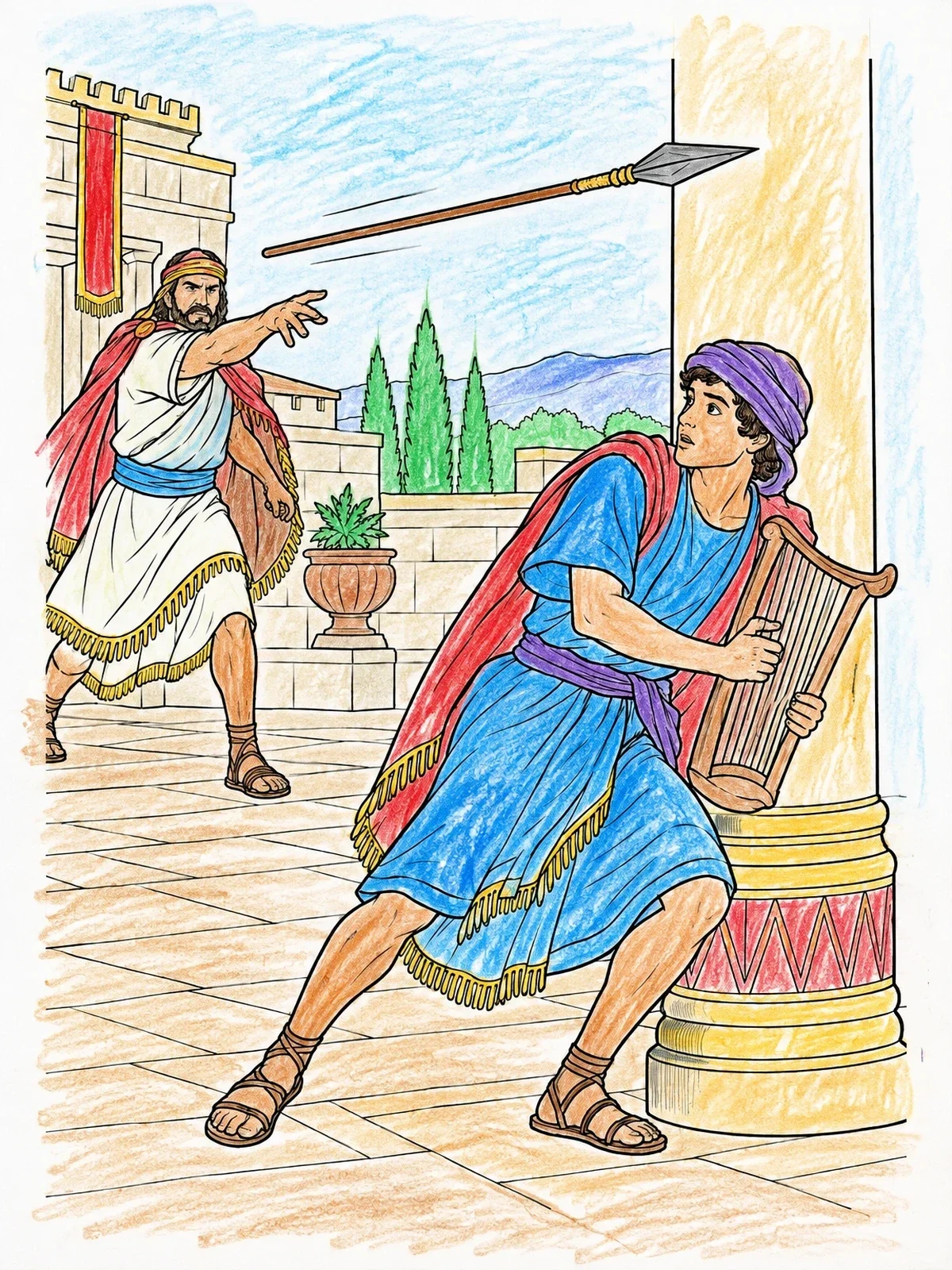 Colored example of the David Escapes King Saul's Spear coloring page