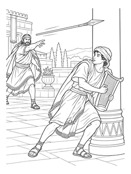 Free printable David Escapes King Saul's Spear coloring page