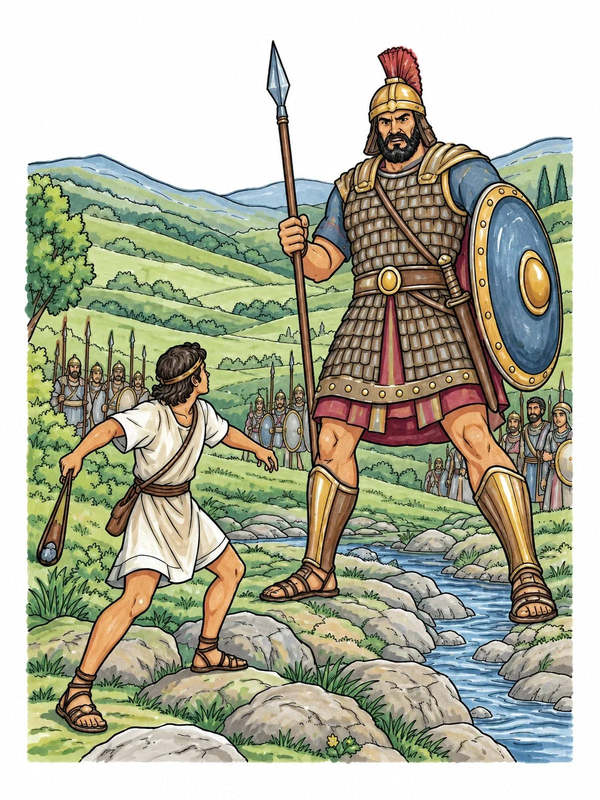 Colored example of the David Confronting Giant Goliath In Valley coloring page