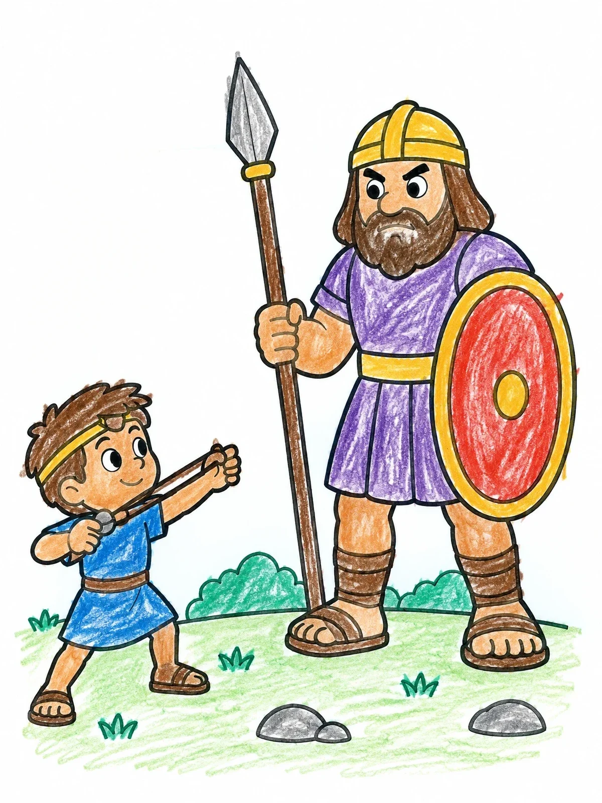 Colored example of the David Facing The Giant Goliath coloring page