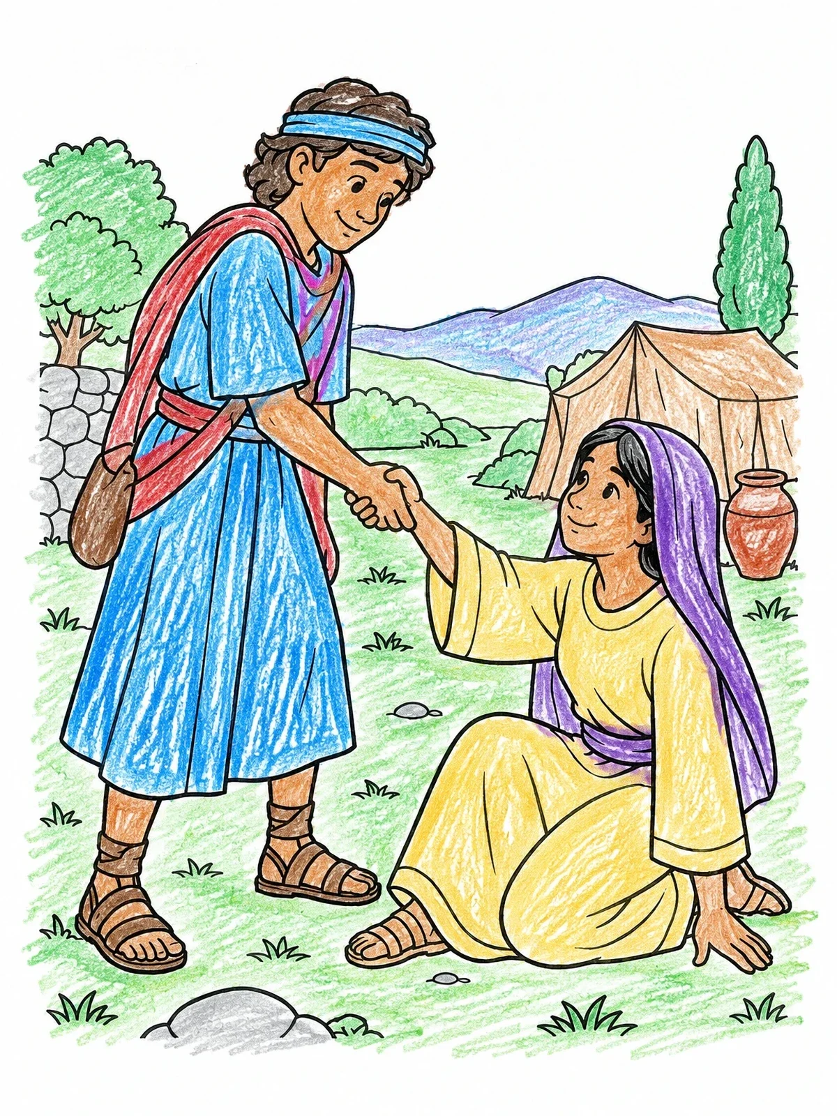 Colored example of the David Helping Abigail Stand Up coloring page