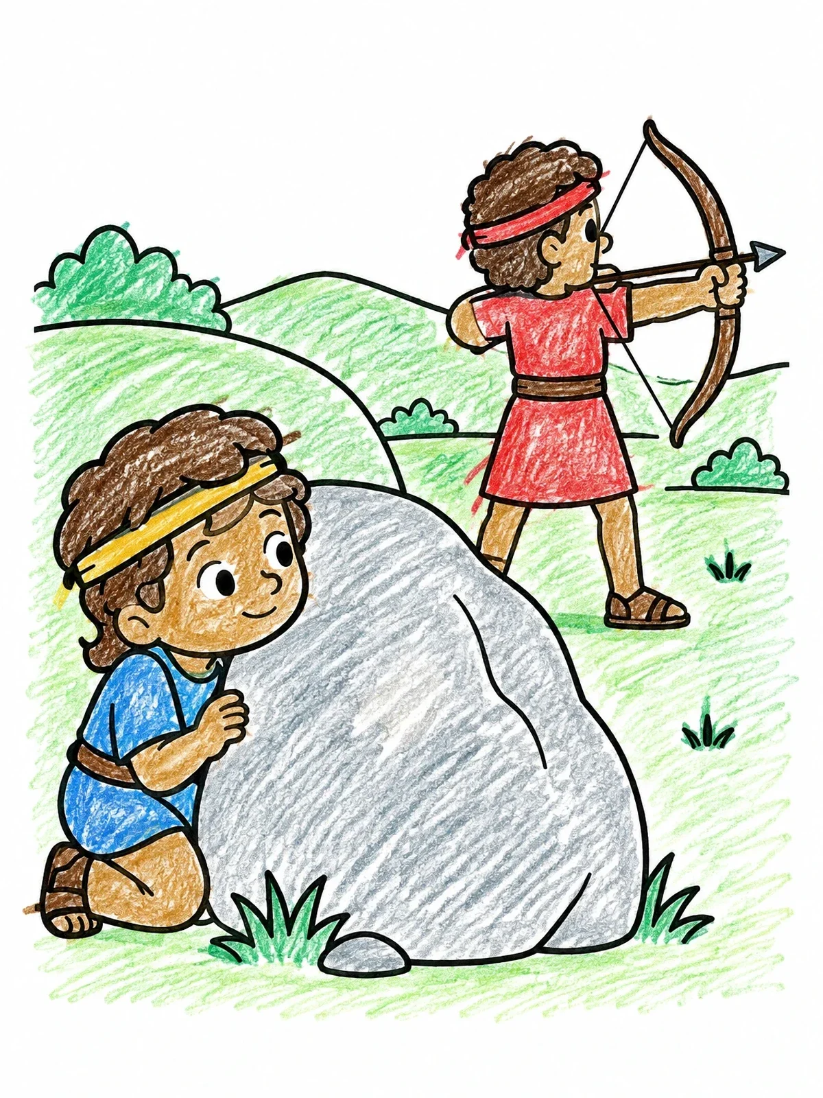 Colored example of the David Hiding While Jonathan Shoots Arrows coloring page