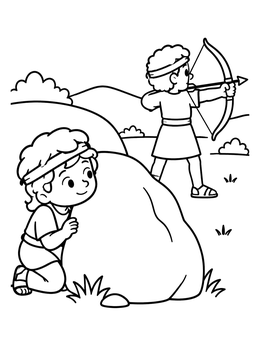Free printable David Hiding While Jonathan Shoots Arrows coloring page