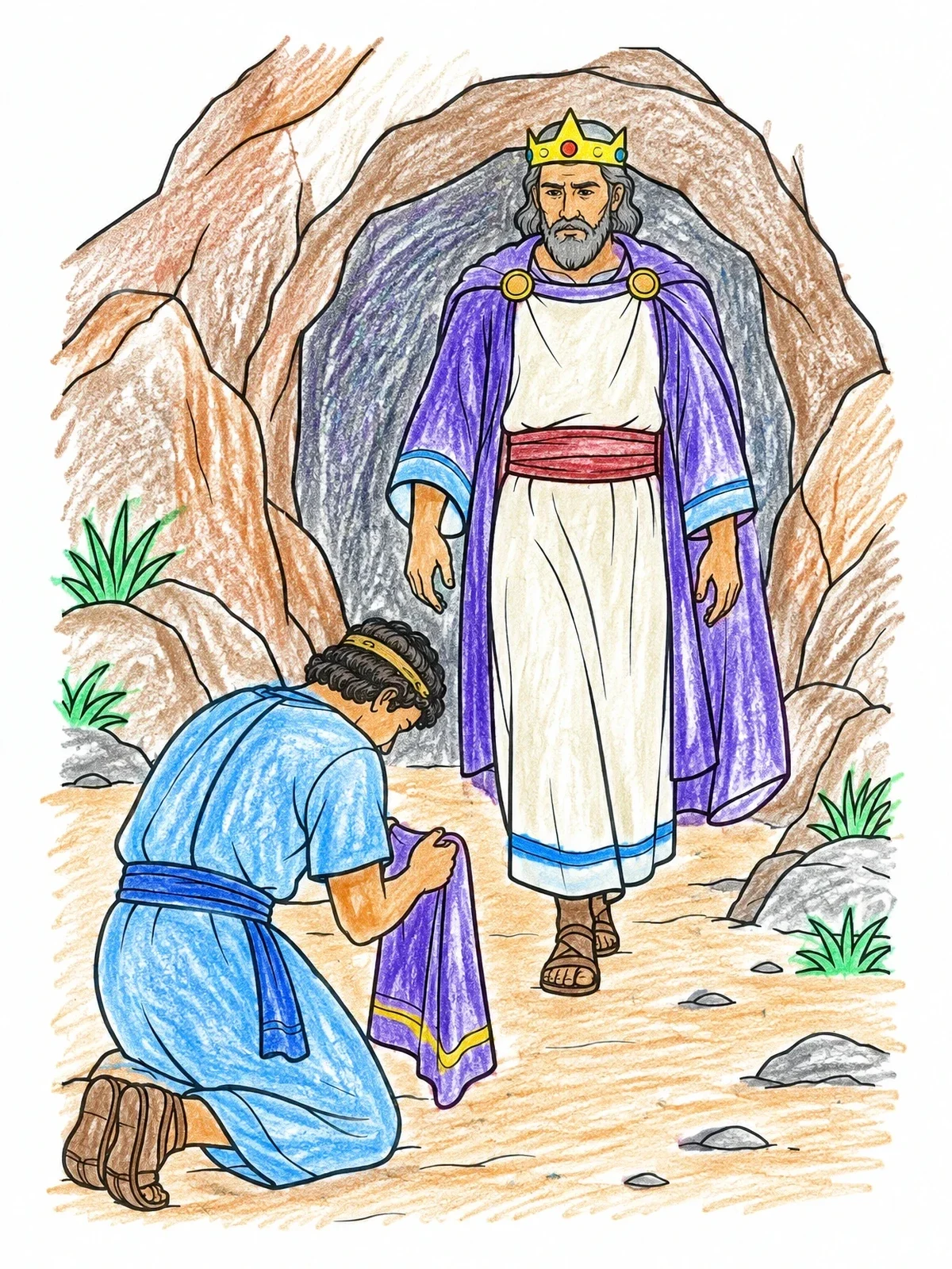 Colored example of the David Kneeling Before King Saul coloring page