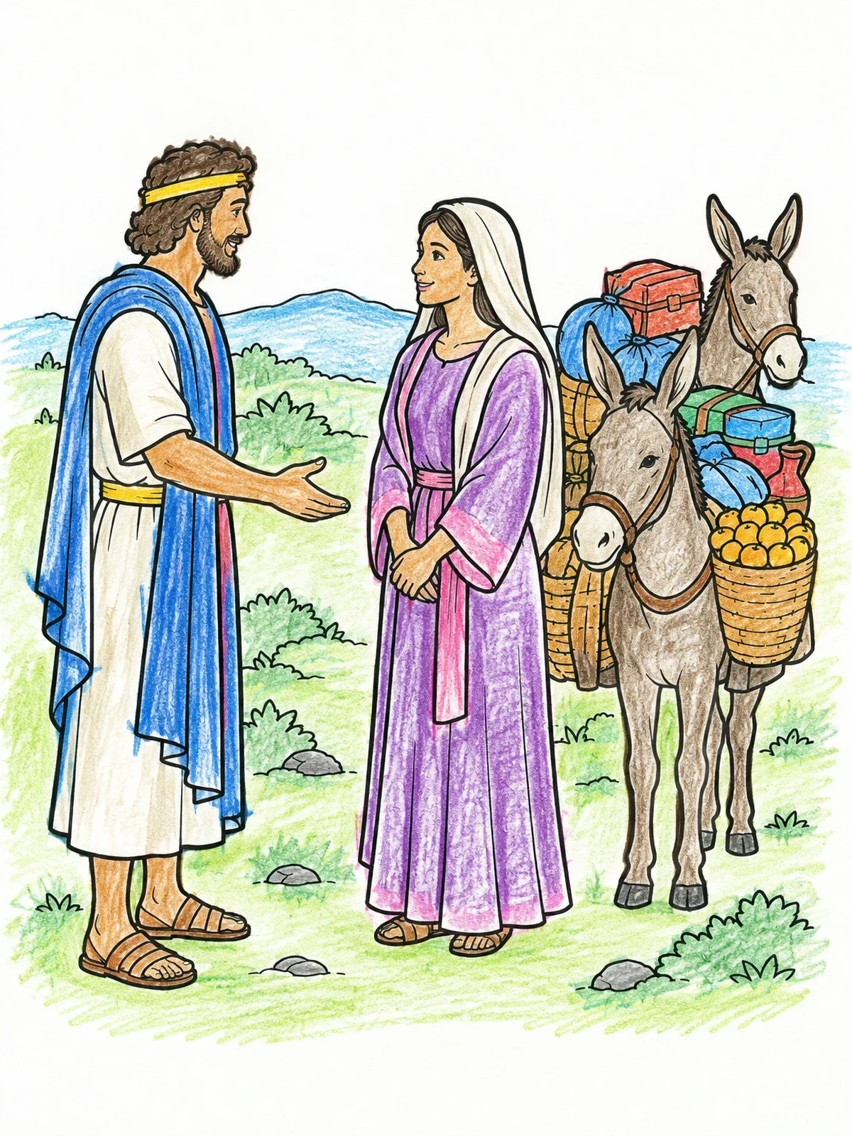 Colored example of the David Meets Abigail With Gifts coloring page