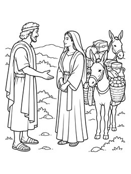 A peaceful david nabal and abigail coloring page showing David greeting Abigail and her pack donkeys.