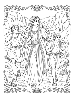 A detailed david nabal and abigail coloring page showing Abigail leading two servants through a canyon.