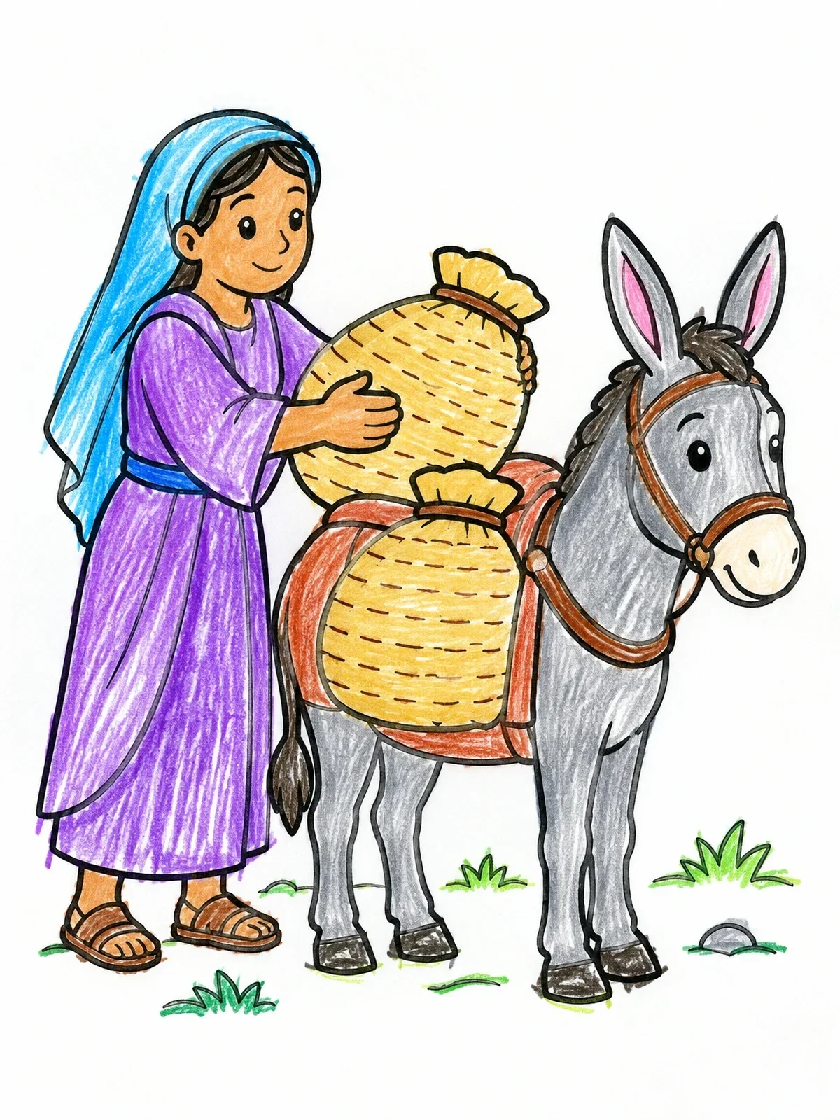 Colored example of the Abigail Loading Donkey With Supplies coloring page