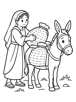 Free printable Abigail Loading Donkey With Supplies coloring page