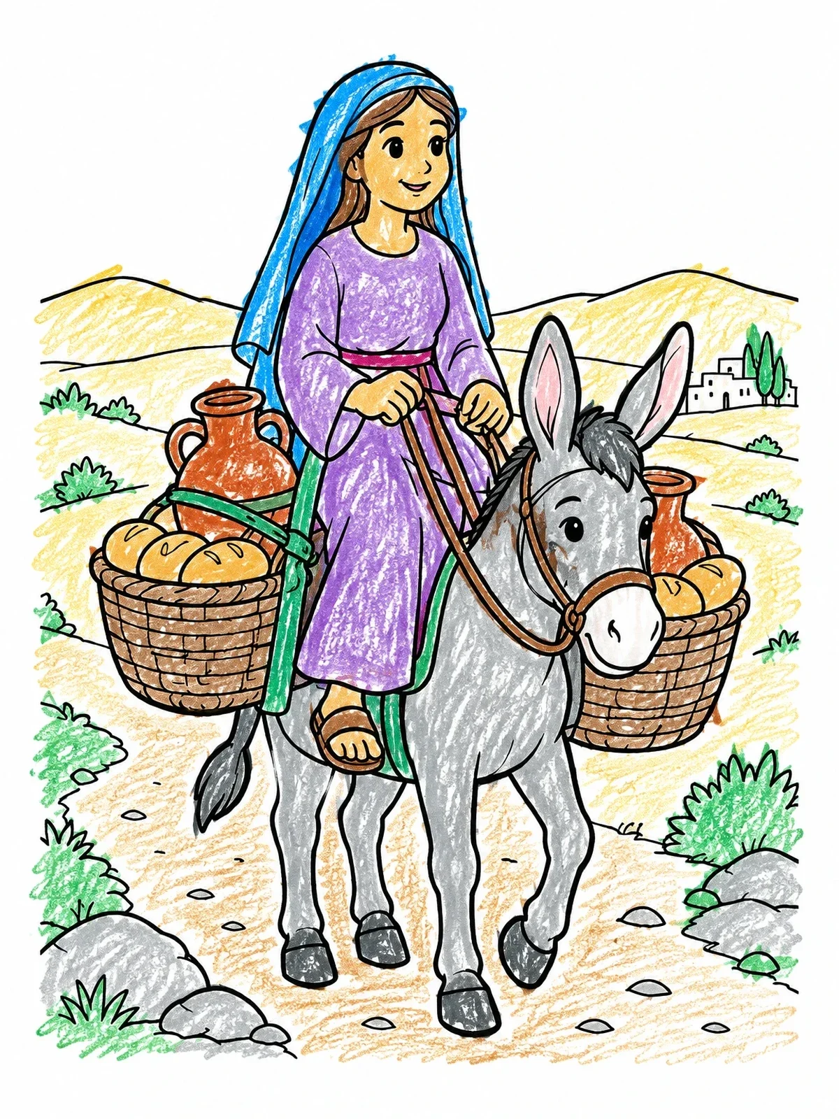 Colored example of the Abigail Riding A Loaded Donkey coloring page