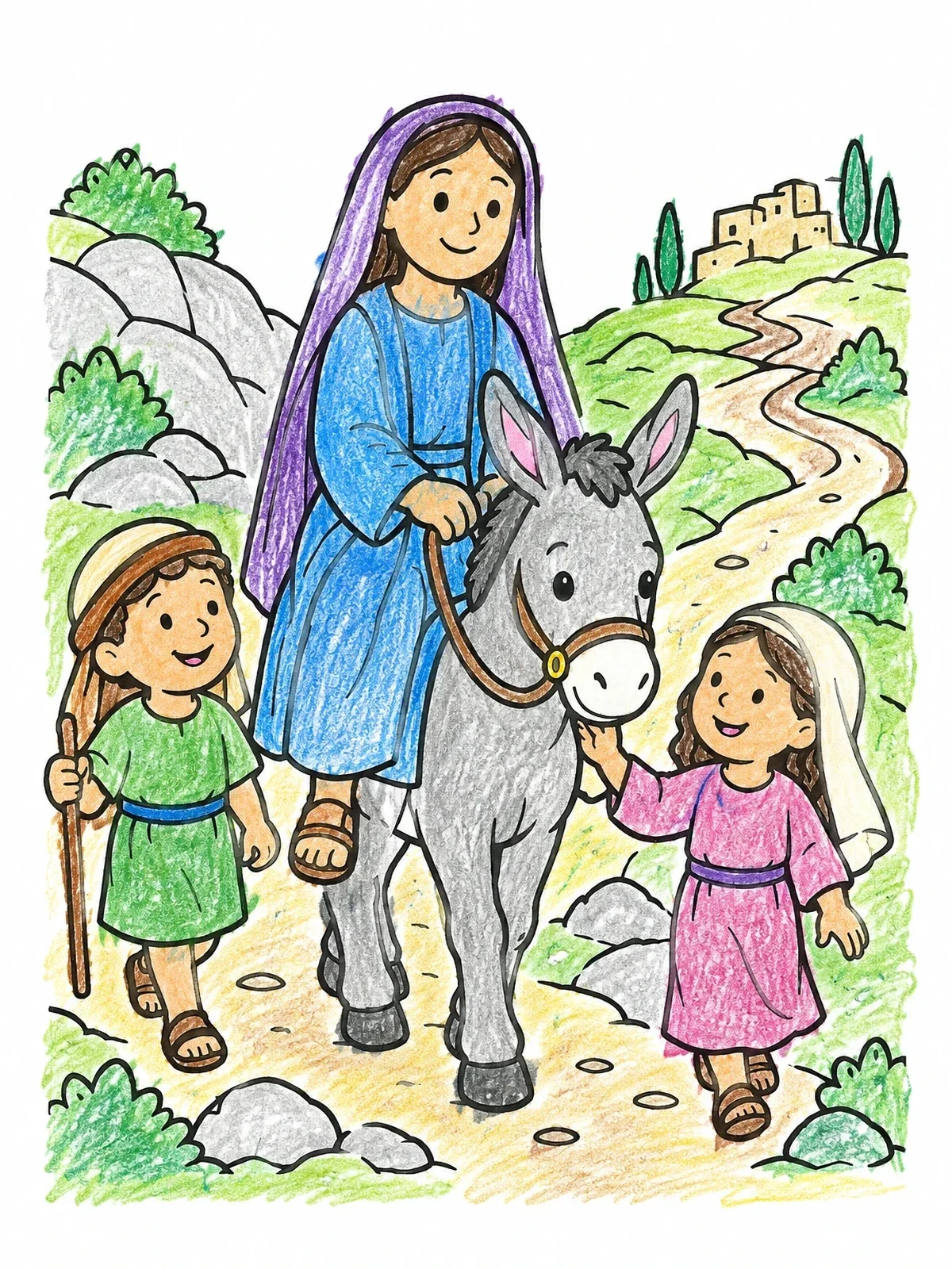 Colored example of the Abigail Riding A Donkey On A Trail coloring page