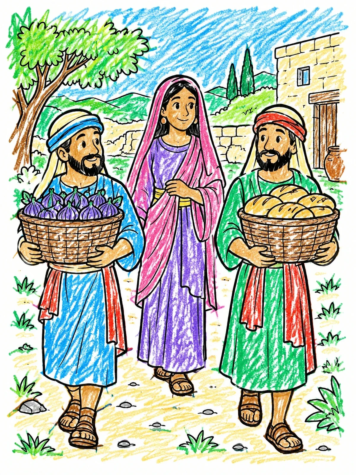 Colored example of the Abigail And Servants Carrying Provisions coloring page