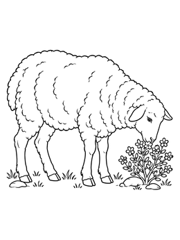 A fluffy sheep grazes beside blossoms on this david nabal and abigail coloring page.