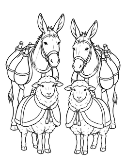 A david nabal and abigail coloring page showing two pack donkeys carrying jugs alongside two sheep in cloaks.