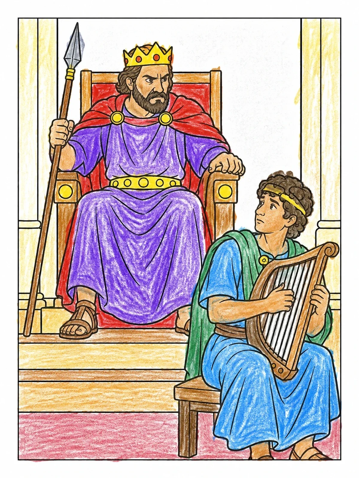 Colored example of the David Playing Harp For King Saul coloring page