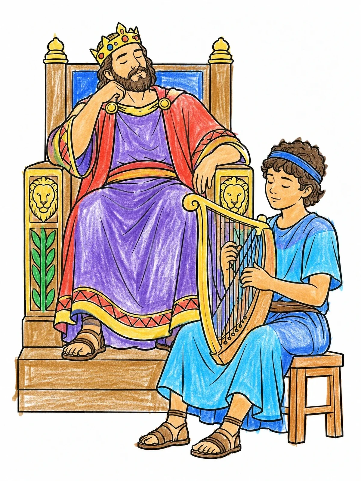 Colored example of the David Playing Harp For King Saul coloring page
