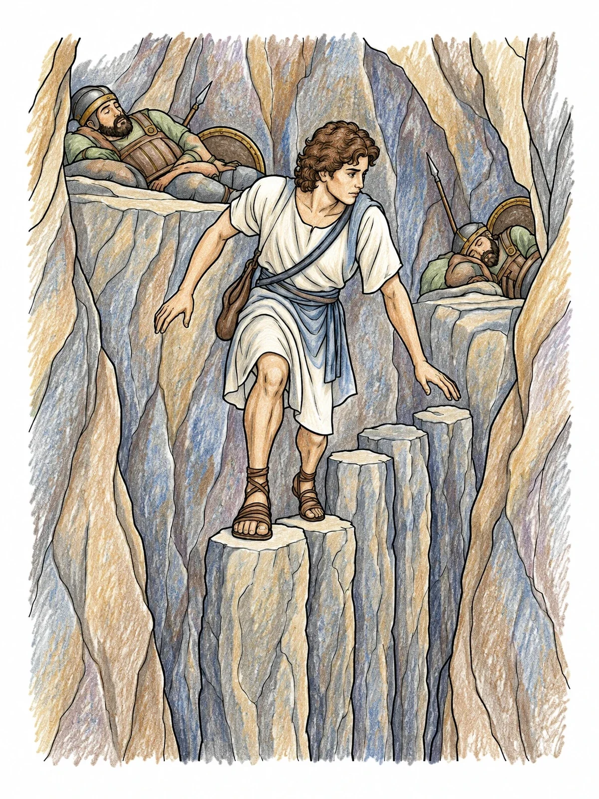 Colored example of the David Stepping Along Cave Pillars coloring page
