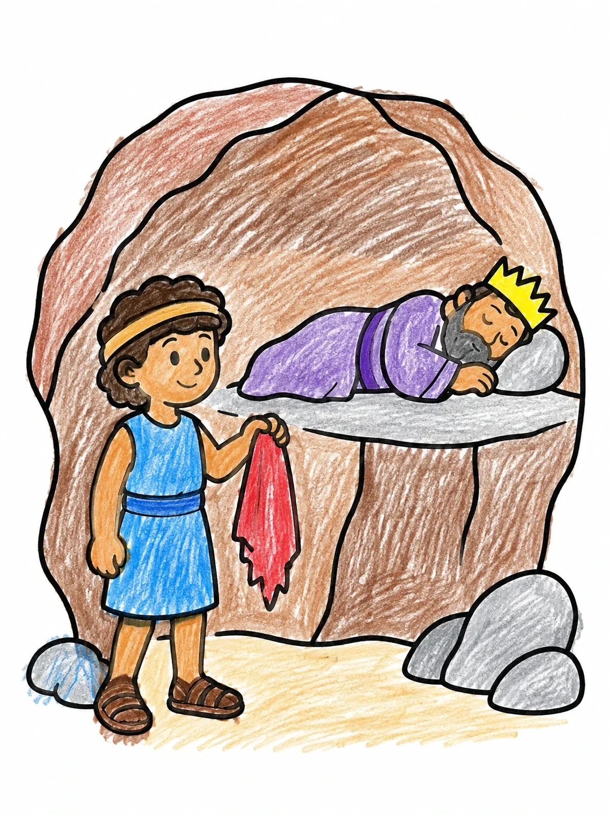 Colored example of the David And Sleeping King Saul In Cave coloring page