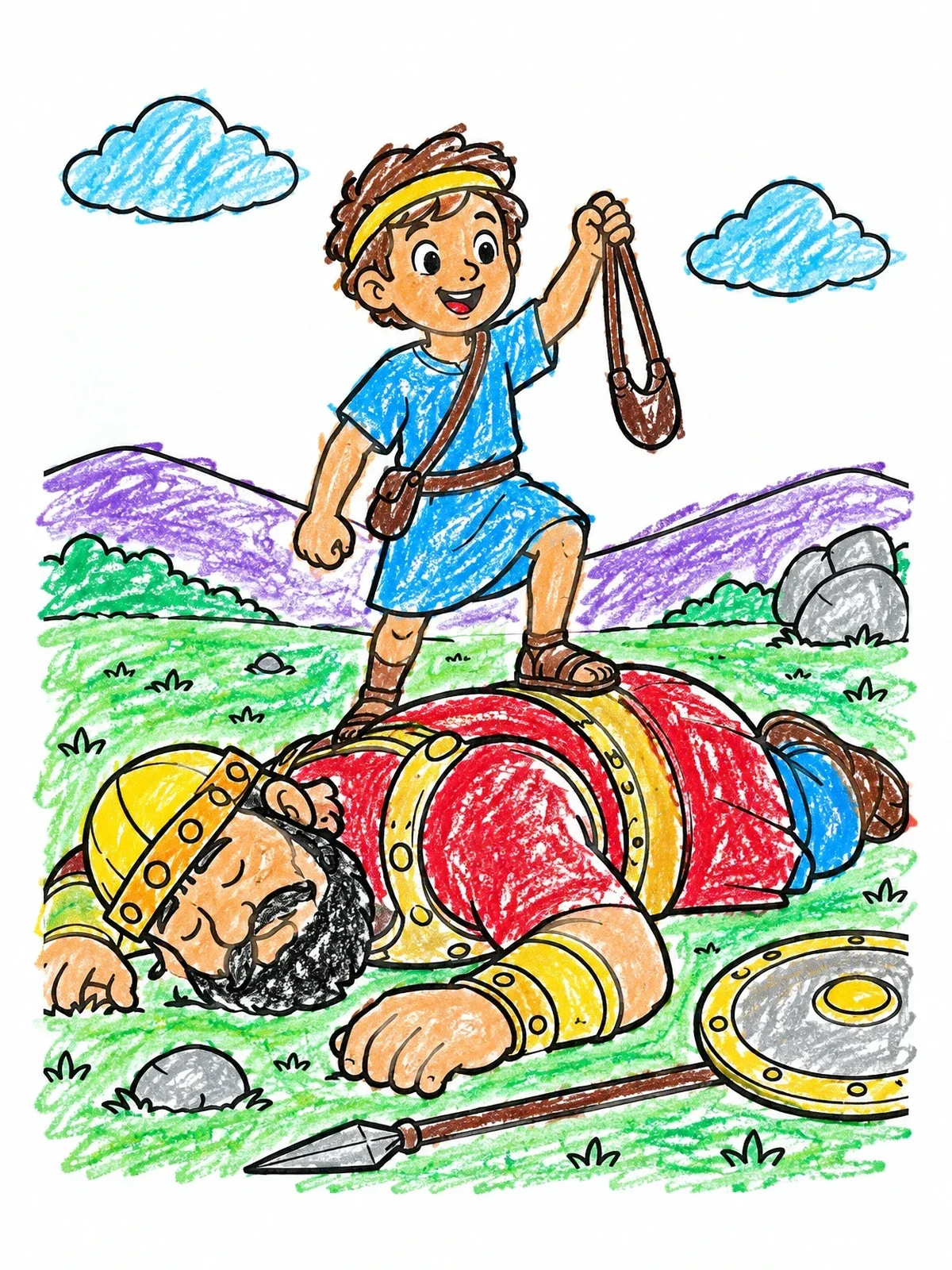 Colored example of the David Standing Victorious Over Defeated Goliath coloring page