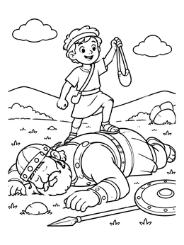 Free printable David Standing Victorious Over Defeated Goliath coloring page