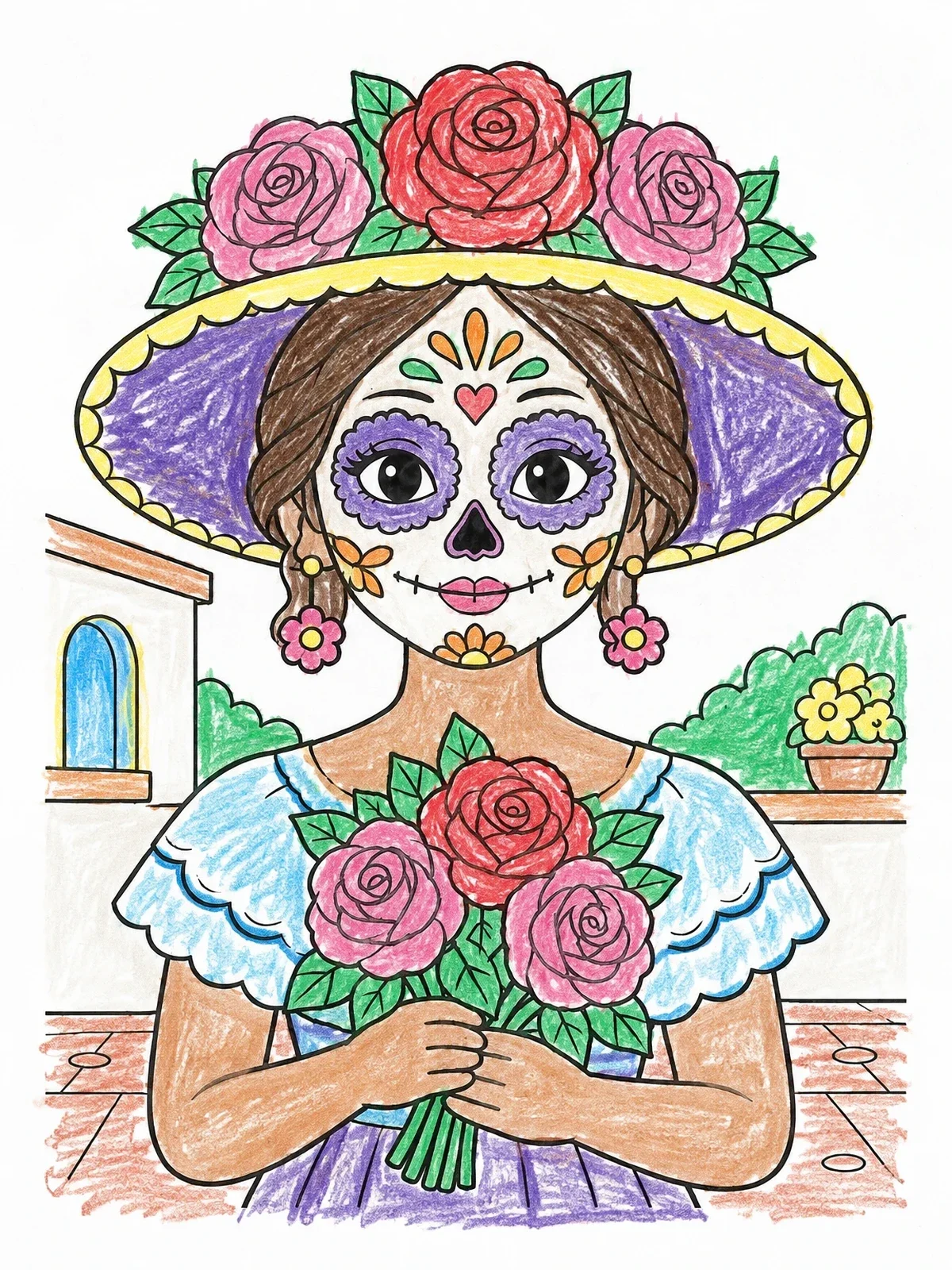 Colored example of the La Catrina With Rose Bouquet coloring page